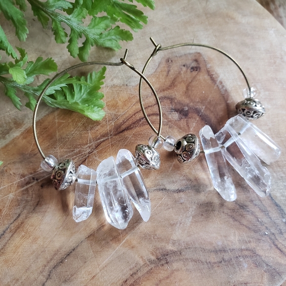 Pure & Simple Clear Quartz Hoops Boho Earrings - Picture 3 of 4